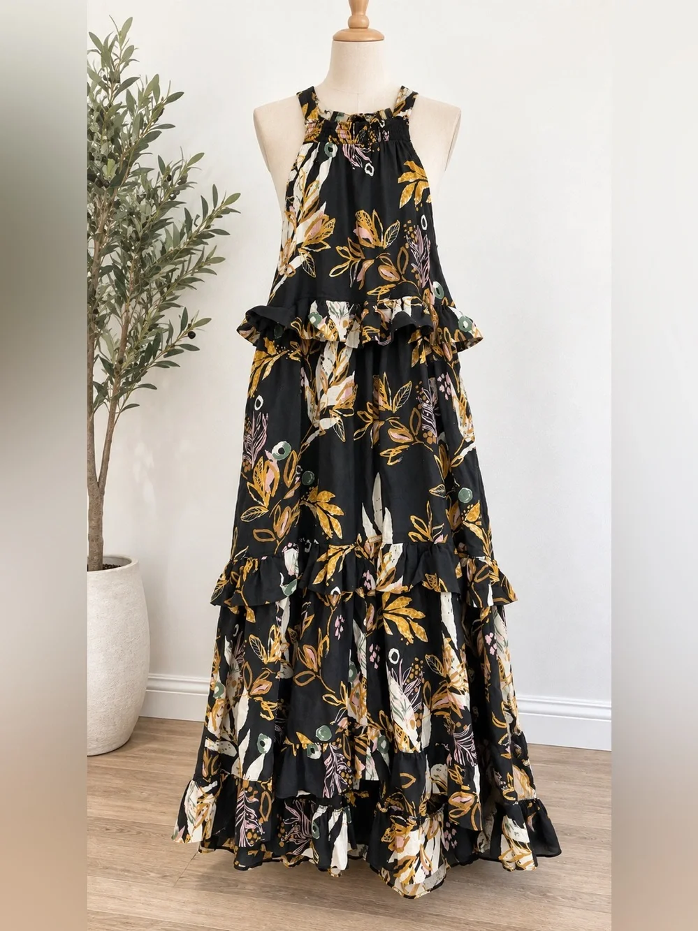 Free People Anita Printed Maxi Dress Small Black Floral Tiered Ruffle Boho